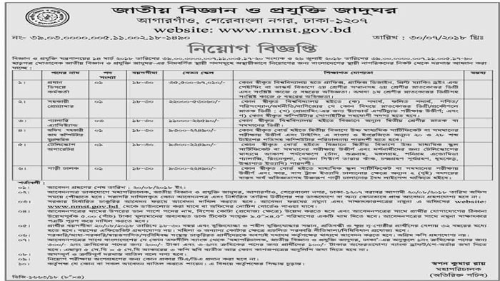 জাতীয় বিজ্ঞান ও প্রযু্ক্তি জাদুঘরে একাধিক পদে চাকরি