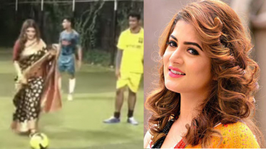 শাড়ি পরে এক কিকেই গোল দিলেন শ্রাবন্তী, ভিডিও ভাইরাল