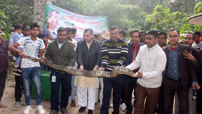 লাউয়াছড়া বনে বন্যপ্রাণী অবমুক্তকালে সাবের হোসেন চৌধুরী এমপি