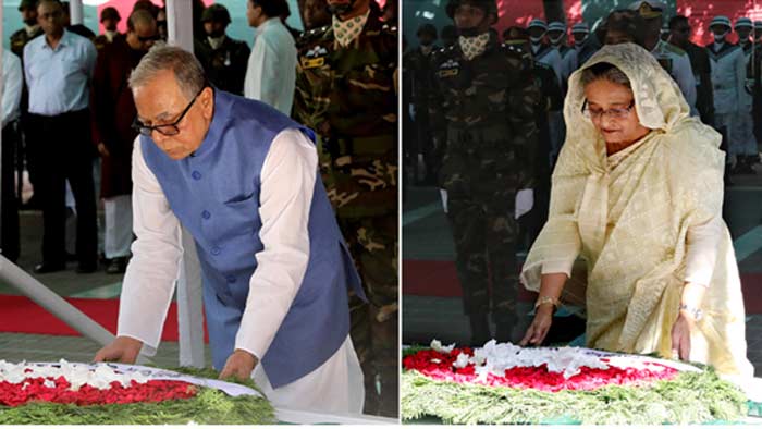 বঙ্গবন্ধুর সমাধিতে রাষ্ট্রপতি ও প্রধানমন্ত্রীর শ্রদ্ধা