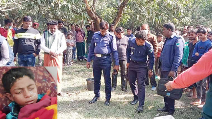 ঘটনাস্থল পরিদর্শনে পুলিশ, ইনসেটে আহত শিশু ফাহাদ